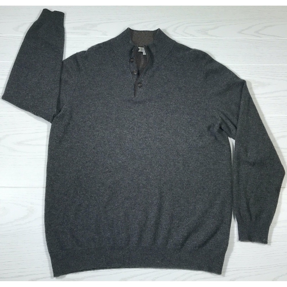 Kinross Cashmere Sweater Men's L Gray Mock Neck 4-Button Henley Pullover Preppy